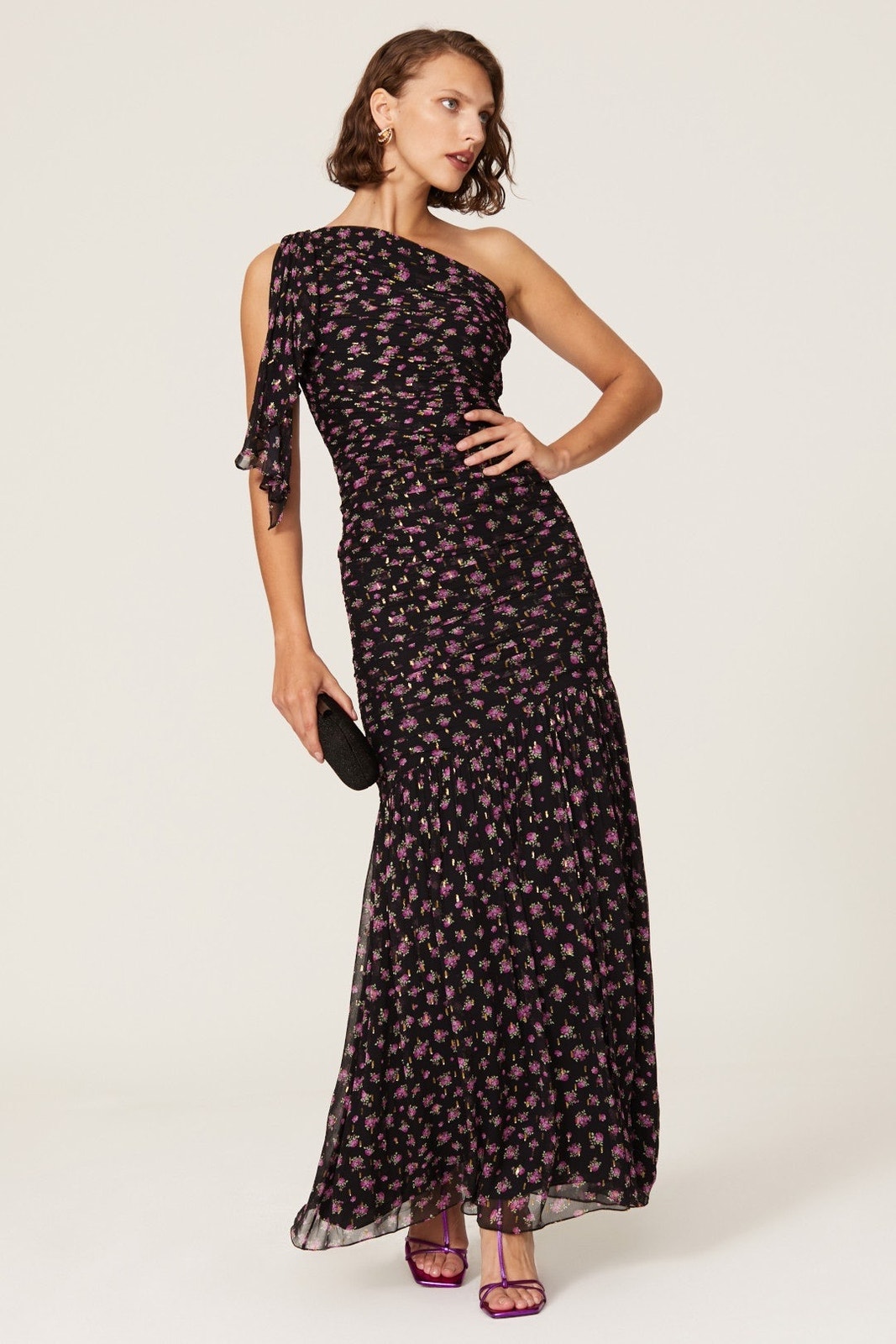 Shoshanna Vivine Tossed Rose Floral Black One Shoulder Cocktail Gown Sz 6